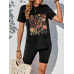 SHEIN LUNE Повседневная женская футболка свободного покроя с короткими рукавами и шортами с цветочным принтом, черный