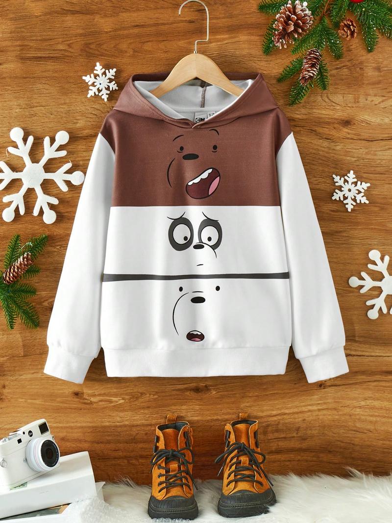 Повседневная двухцветная толстовка с капюшоном и заниженными рукавами SHEIN для мальчиков-подростков с мультяшным рисунком, белый